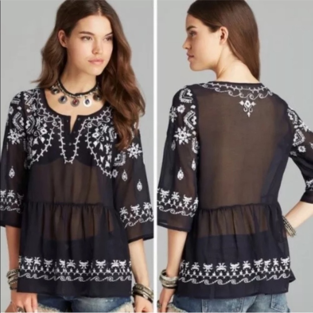 Free People Sheer Embroidered Peasant Top